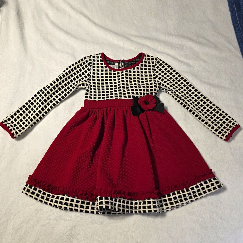 Bonnie Jean Girls Size 5 Fit Flare Holiday Dress Red Black White Bow Christmas